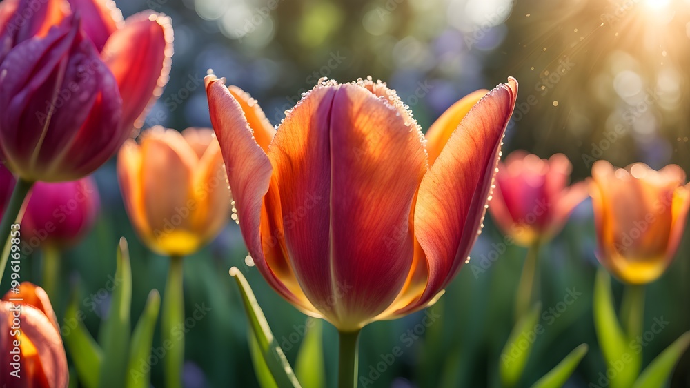 Fototapeta premium A close-up of a pink and orange tulip with morning dew, backlit by the sun, surrounded by other tulips.