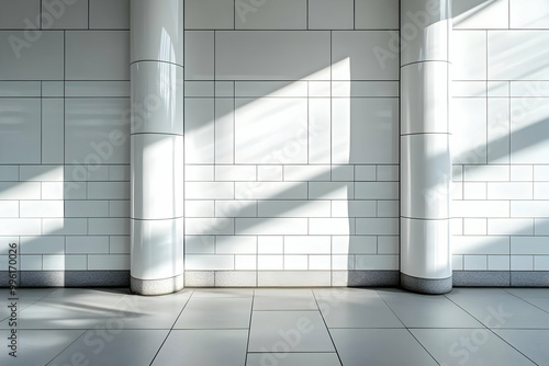 White Tiled Wall with Two Rounded Pillars in a Modern Building with Sunlight Casting Long Shadows