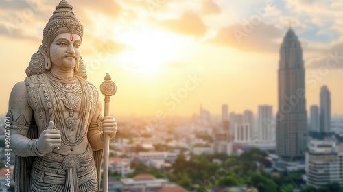 Giant statue of Vishnu in Bangkok, modern cityscape in the background, representing faith in the modern world, Vishnu statue, urban spirituality