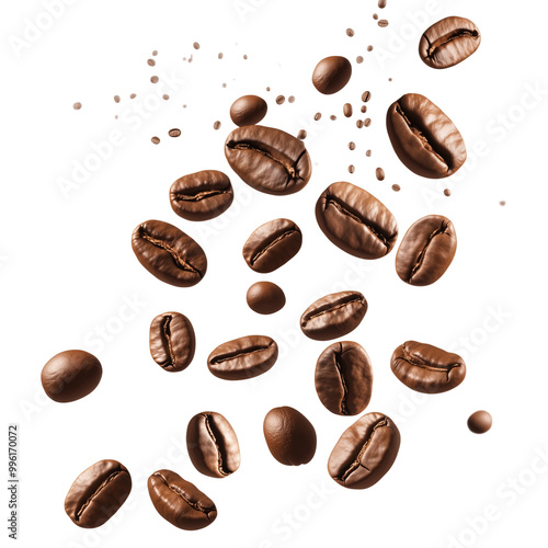 Roasted coffee beans falling, isolated on a white background