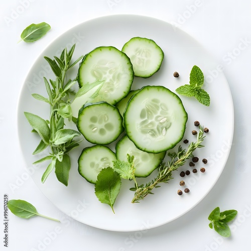 A fresh cucumber sliced into rounds, arranged neatly on a white plate, surrounded by fresh herbs and spices, highlighting freshness.