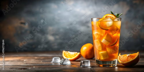 Refreshing orange beverage with ice cubes , citrus, drink, juice, cold, thirst-quenching, summer, tropical