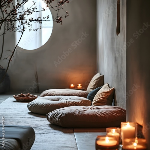 A calming meditation space with soft cushions, candles, and soothing decor, promoting emotional well-being and relaxation.