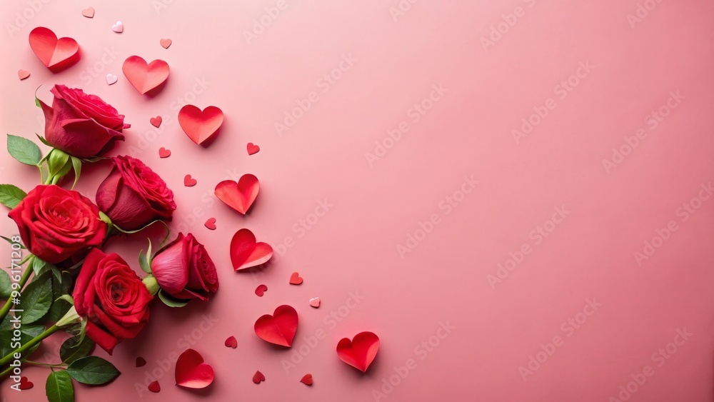Bouquet of red roses lying on pink background with paper hearts creating romantic atmosphere for valentines day Bouquet of red roses lying on pink background with paper hearts creating romantic atmosphere for valentines day