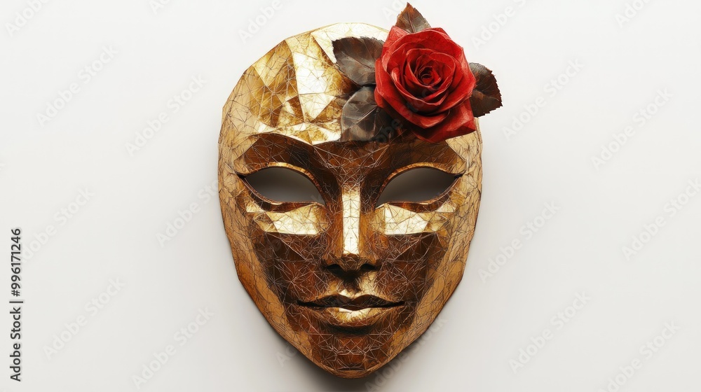 Golden masquerade mask with red rose on white background. Golden masquerade mask with red rose on white background.