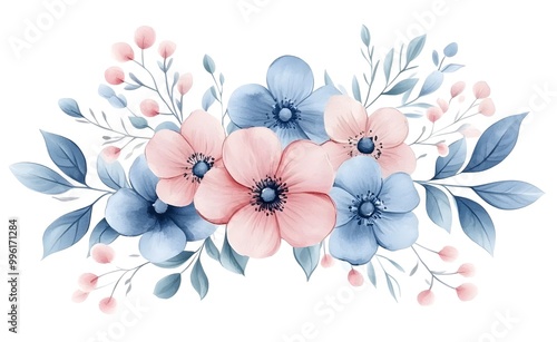 Watercolor floral bouquet with pink, blue, and red flowers on a white background illustration clipart.