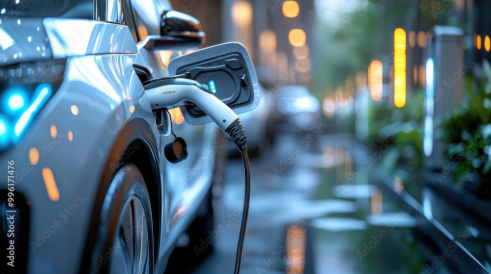 eco-friendly transportation, Close-up view of an electric vehicle charger connected to an EV, displaying the charging cable in focus. The setting features a modern parking lot with eco-friendly transportation, Close-up view of an electric vehicle charger connected to an EV, displaying the charging cable in focus. The setting features a modern parking lot with
