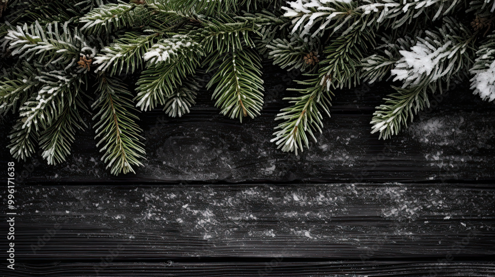 Snowy spruce branches on a black wood background Snowy spruce branches on a black wood background