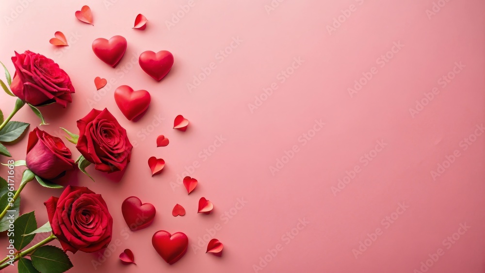Bouquet of red roses lying on pink background with paper hearts creating romantic atmosphere for valentines day Bouquet of red roses lying on pink background with paper hearts creating romantic atmosphere for valentines day