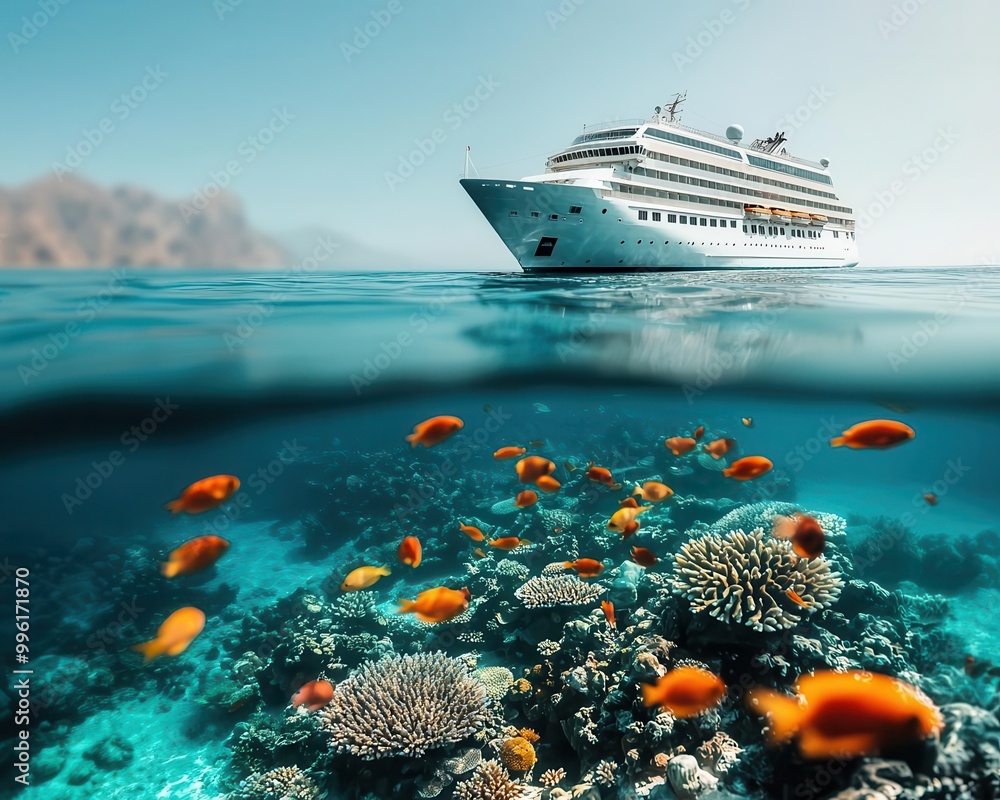 Fototapeta premium A cruise ship anchored near a vibrant island, surrounded by bright coral reefs, crystal-clear waters, and colorful fish, peaceful and energetic