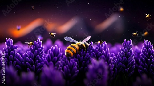 Honeybee Harmony: A lone honeybee rests among a field of lavender blossoms, bathed in the warm light of a setting sun, as a swarm of its brethren buzzes around it in a symphony of nature.  