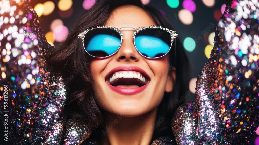 Cheerful Young Woman in Sunglasses Enjoying a Party with Bokeh Lights. Generative ai Cheerful Young Woman in Sunglasses Enjoying a Party with Bokeh Lights. Generative ai