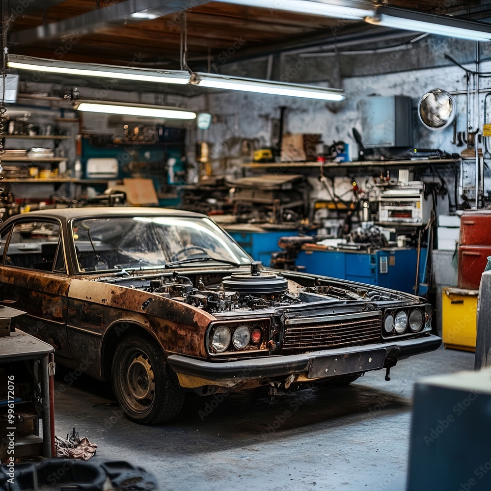 Replacing spare parts on a disassembled car in a car service garage Replacing spare parts on a disassembled car in a car service garage