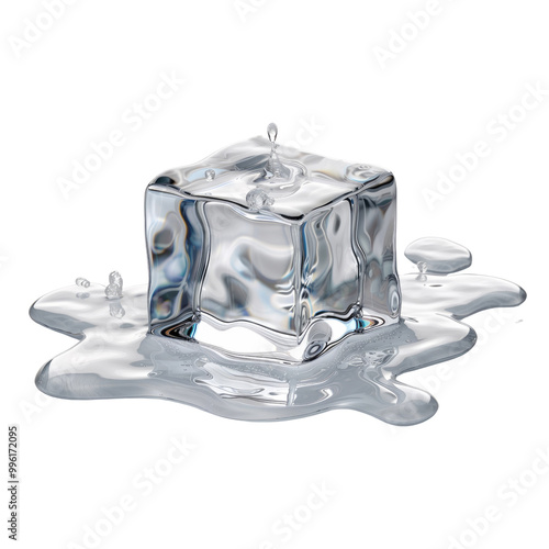one ice cube melting on a white or transparent background 