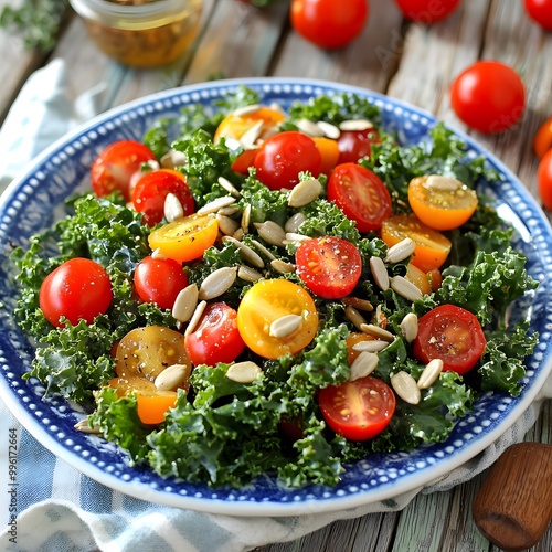 A colorful kale salad topped with vibrant cherry tomatoes, sunflower seeds, and a tangy vinaigrette, set on a sunny picnic table