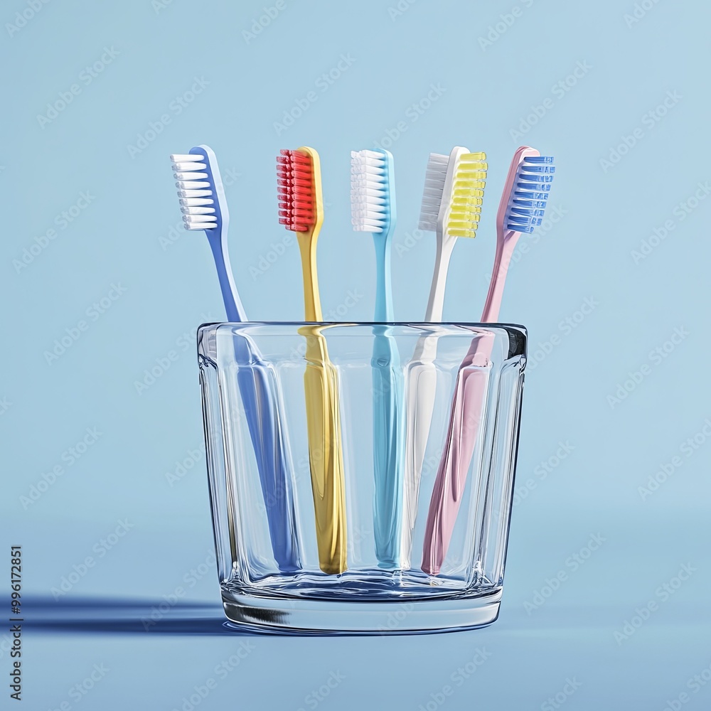 Set of toothbrushes in glass on blue background.concept dental. Set of toothbrushes in glass on blue background.concept dental.