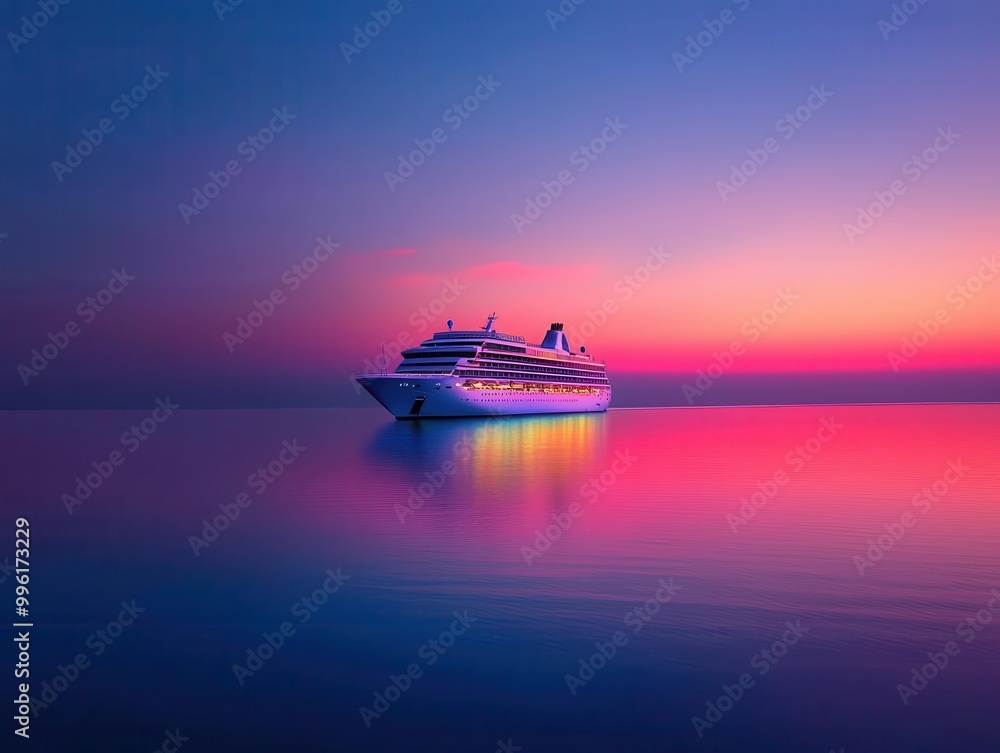 A cruise ship at sea under a bright, rainbow-colored sunset, the ocean reflecting the vibrant hues, lively and magical A cruise ship at sea under a bright, rainbow-colored sunset, the ocean reflecting the vibrant hues, lively and magical