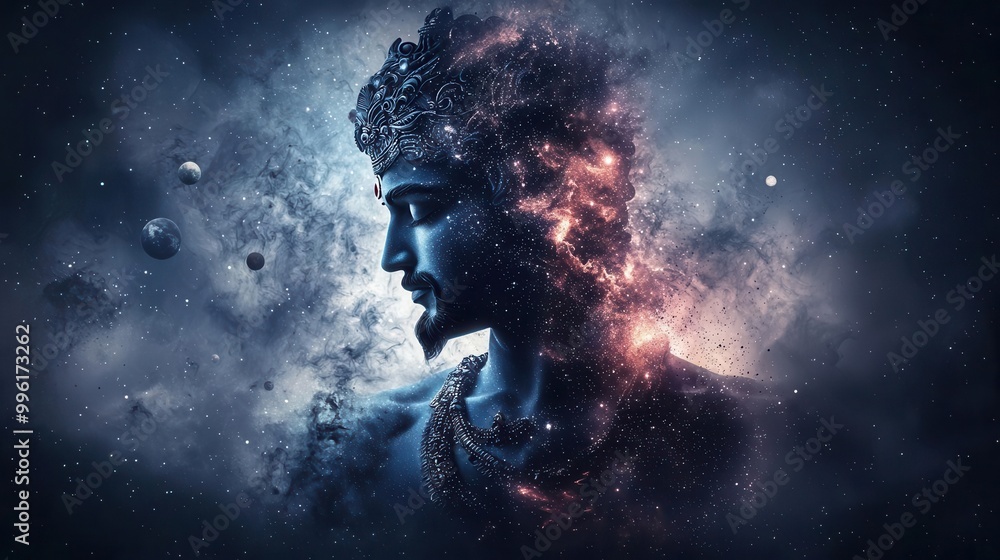 Fototapeta premium Vishnu in a grand cosmic form, his body filled with stars, planets, and galaxies, representing the universe itself, cosmic Vishnu, universe symbolism, mythology