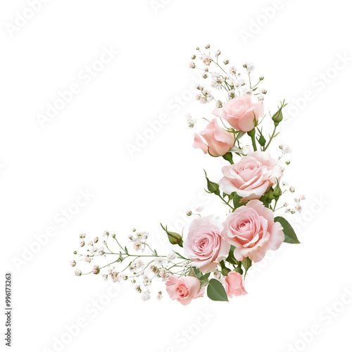 Fototapeta Naklejka Na Ścianę i Meble -  pink rose eustoma and gypsophila flowers in a corner floral arrangement on white or transparent  background