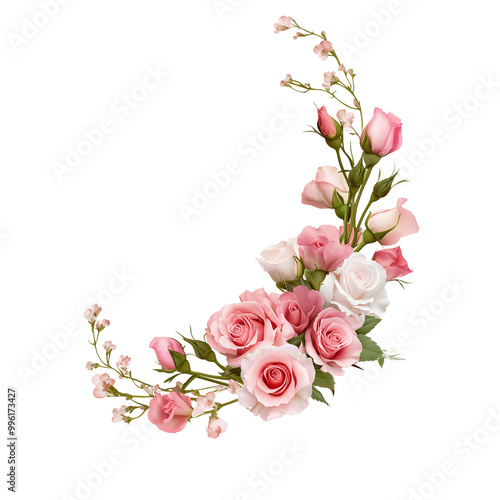 Fototapeta Naklejka Na Ścianę i Meble -  pink rose eustoma and gypsophila flowers in a corner floral arrangement isolated on white or transparent background