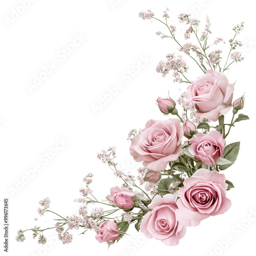 Fototapeta Naklejka Na Ścianę i Meble -  pink rose eustoma and gypsophila flowers in a corner floral arrangement on white or background