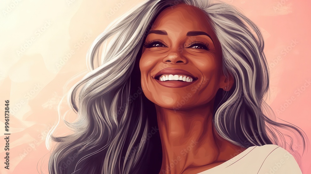 mature woman with dark skin smooth healthy face and long gray hair smiling happily beauty and aging skincare concept digital illustration mature woman with dark skin smooth healthy face and long gray hair smiling happily beauty and aging skincare concept digital illustration