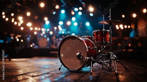 Minimalist Drum Set on Empty Stage with Soft Lighting