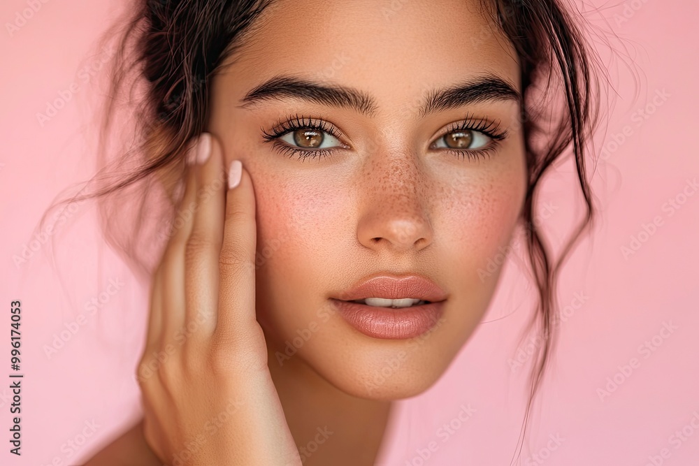 Fototapeta premium Stunning Latina woman with radiant skin and soft makeup gently touches her cheek in this close-up portrait against a pink background. with generative ai