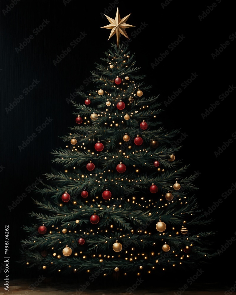 A beautifully decorated Christmas tree adorned with red and gold ornaments and topped with a star, set against a dark background to highlight its festive glow. A beautifully decorated Christmas tree adorned with red and gold ornaments and topped with a star, set against a dark background to highlight its festive glow.