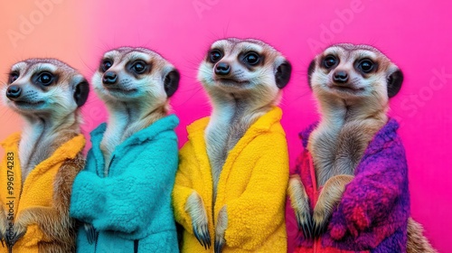 meerkat group in vibrant fashionable outfits on colorful background creative animal concept