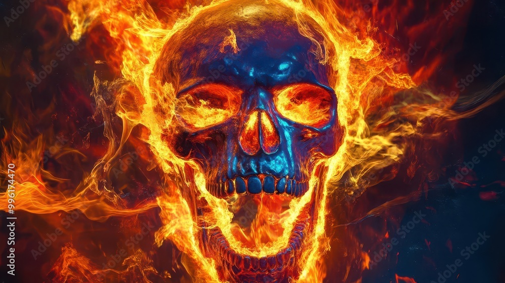 menacing skull engulfed in vibrant flames jaw agape in eternal scream intense orange and blue fire swirls create mesmerizing patterns against dark background menacing skull engulfed in vibrant flames jaw agape in eternal scream intense orange and blue fire swirls create mesmerizing patterns against dark background