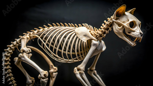 Eerie close-up of cat skeleton, haunting and detailed , cat, skeleton, bones, black and white, spooky, anatomy, eerie, creepy photo