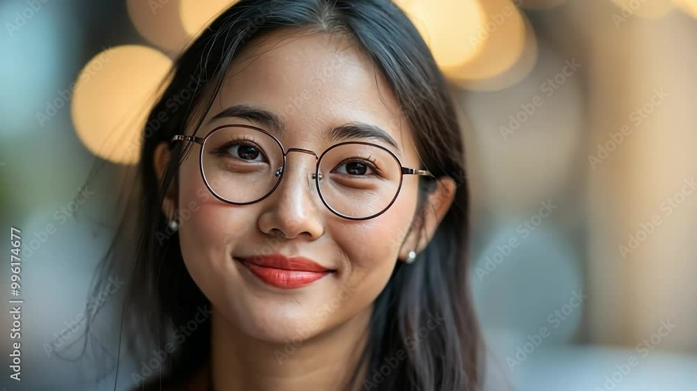 A stunning Asian woman is shown smiling and looking directly into the camera in this close-up shot. Her beauty and confidence are shown in a carefree yet elegant manner. A stunning Asian woman is shown smiling and looking directly into the camera in this close-up shot. Her beauty and confidence are shown in a carefree yet elegant manner.