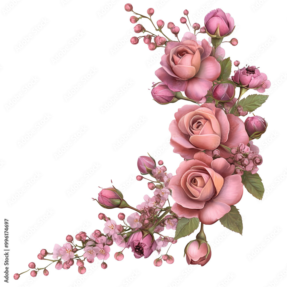 Isolated on a white or transparent background, a corner floral arrangement with pink roses, eustoma, and gypsophila flowers Isolated on a white or transparent background, a corner floral arrangement with pink roses, eustoma, and gypsophila flowers