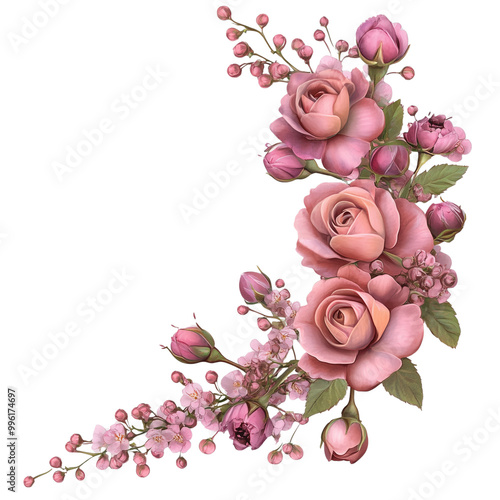 Isolated on a white or transparent background, a corner floral arrangement with pink roses, eustoma, and gypsophila flowers