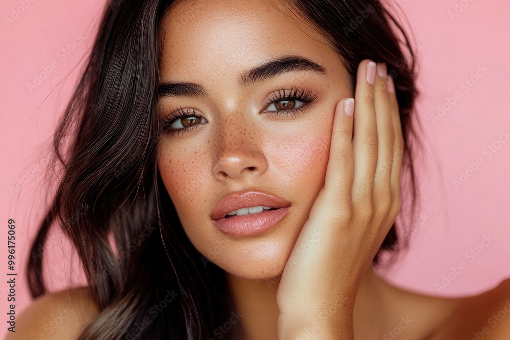 Stunning Latina woman with radiant skin and soft makeup gently touches her cheek in this close-up portrait against a pink background. with generative ai Stunning Latina woman with radiant skin and soft makeup gently touches her cheek in this close-up portrait against a pink background. with generative ai