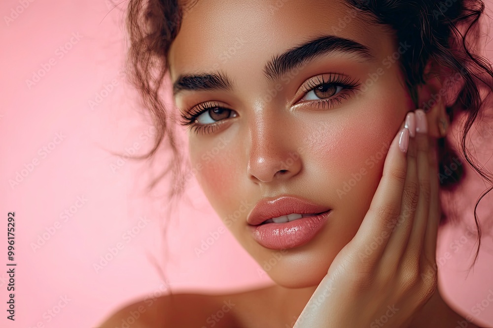 Fototapeta premium Stunning Latina woman with radiant skin and soft makeup gently touches her cheek in this close-up portrait against a pink background. with generative ai