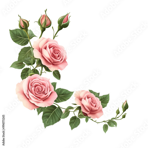 Close-up of pink roses with corner arrangement on a white background 