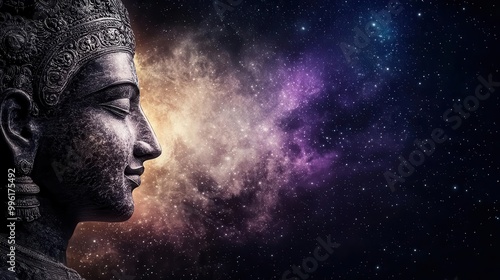 Vishnu in serene contemplation at the moment of cosmic dissolution Pralaya, Vishnu in dissolution, Hindu cosmology, spiritual ending