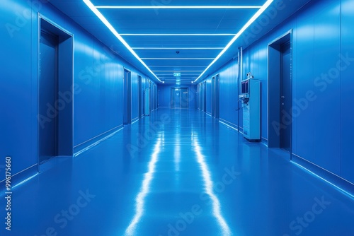 A long blue corridor with white lights and doors on both sides.