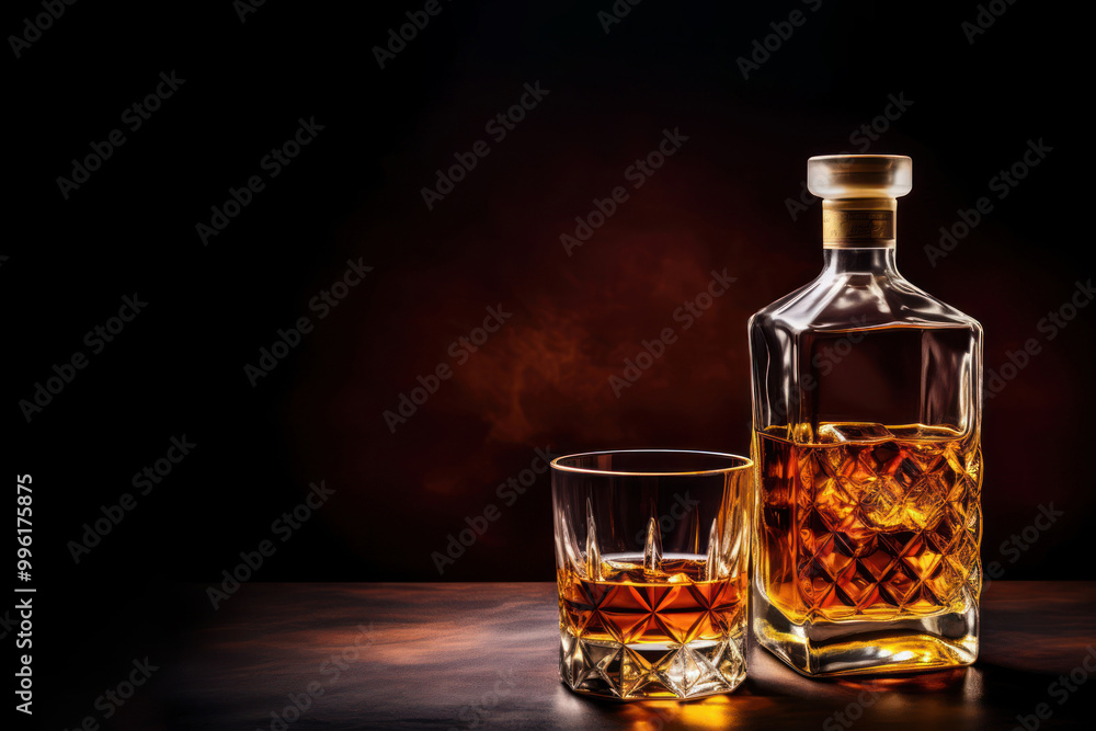Photo of a whiskey glass and whiskey bottle. Photo of a whiskey glass and whiskey bottle.