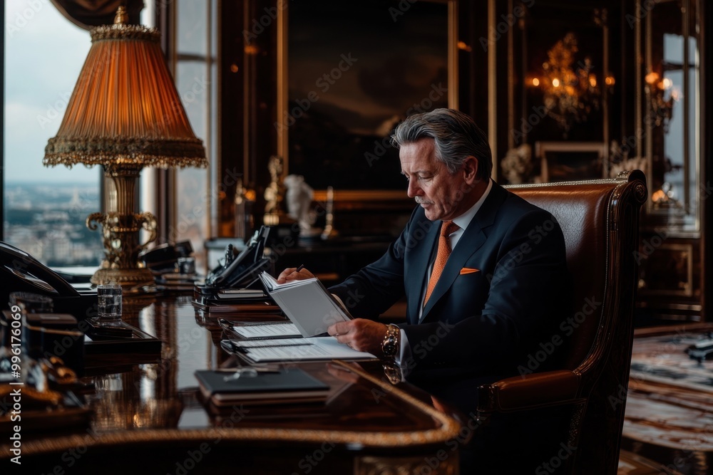 A professional businessperson seated in an opulent, richly decorated office room, reviewing documents while surrounded by sophisticated decor and a view of the cityscape. A professional businessperson seated in an opulent, richly decorated office room, reviewing documents while surrounded by sophisticated decor and a view of the cityscape.