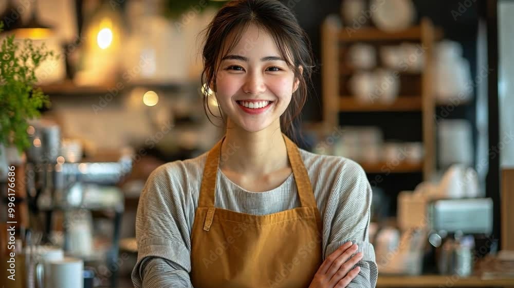 Asian attractive young lady. A small business owner creates a welcoming and inclusive atmosphere in a modern, intimate cafe for a diverse clientele. Asian attractive young lady. A small business owner creates a welcoming and inclusive atmosphere in a modern, intimate cafe for a diverse clientele.