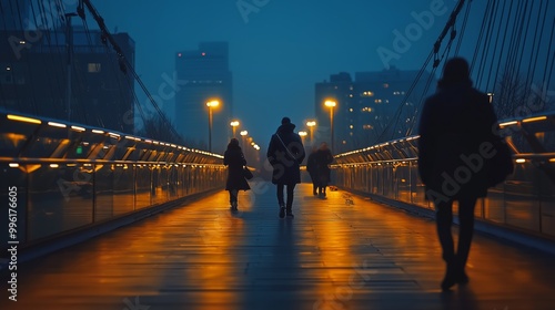 Minimalist Pedestrian Bridge at Dusk with Blurred Figures