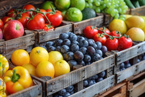 Assorted fruits and vegetables in crates, highlighting healthy abundance.