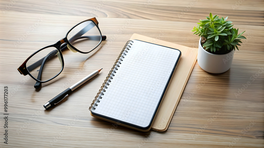 Modern office desk with smartphone, glasses, and notepad , technology, workplace, communication, business Modern office desk with smartphone, glasses, and notepad , technology, workplace, communication, business