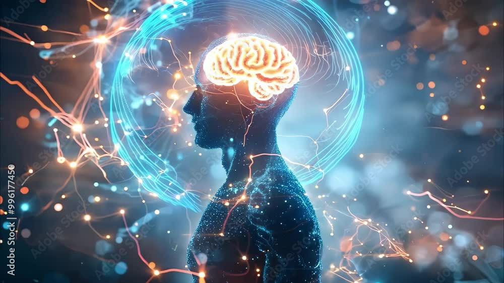 A silhouette of a person with a glowing brain, surrounded by colorful neural connections and abstract light effects. A silhouette of a person with a glowing brain, surrounded by colorful neural connections and abstract light effects.