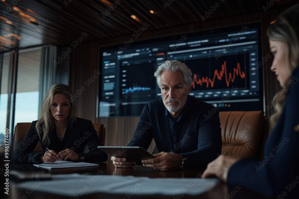 Three professionals focus intently during a meeting in a high-tech conference room, examining data charts displayed prominently on a large screen. Three professionals focus intently during a meeting in a high-tech conference room, examining data charts displayed prominently on a large screen.