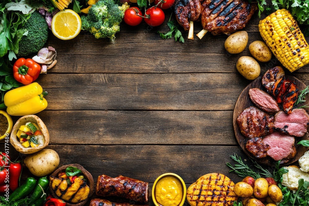 Summer BBQ or picnic food double side border over a rustic wood banner background. Various grilled meats, vegetables, fruits, salad and potatoes. Above view with copy space with generative ai Summer BBQ or picnic food double side border over a rustic wood banner background. Various grilled meats, vegetables, fruits, salad and potatoes. Above view with copy space with generative ai