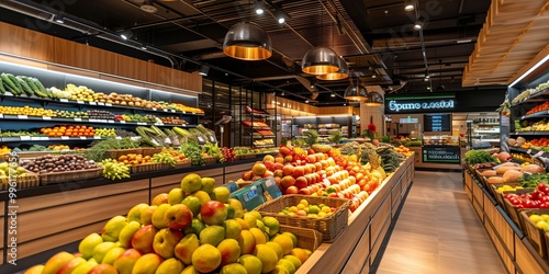 Fototapeta Naklejka Na Ścianę i Meble -  A supermarket with lots of fresh and healthy fruits and vegetables on shelves